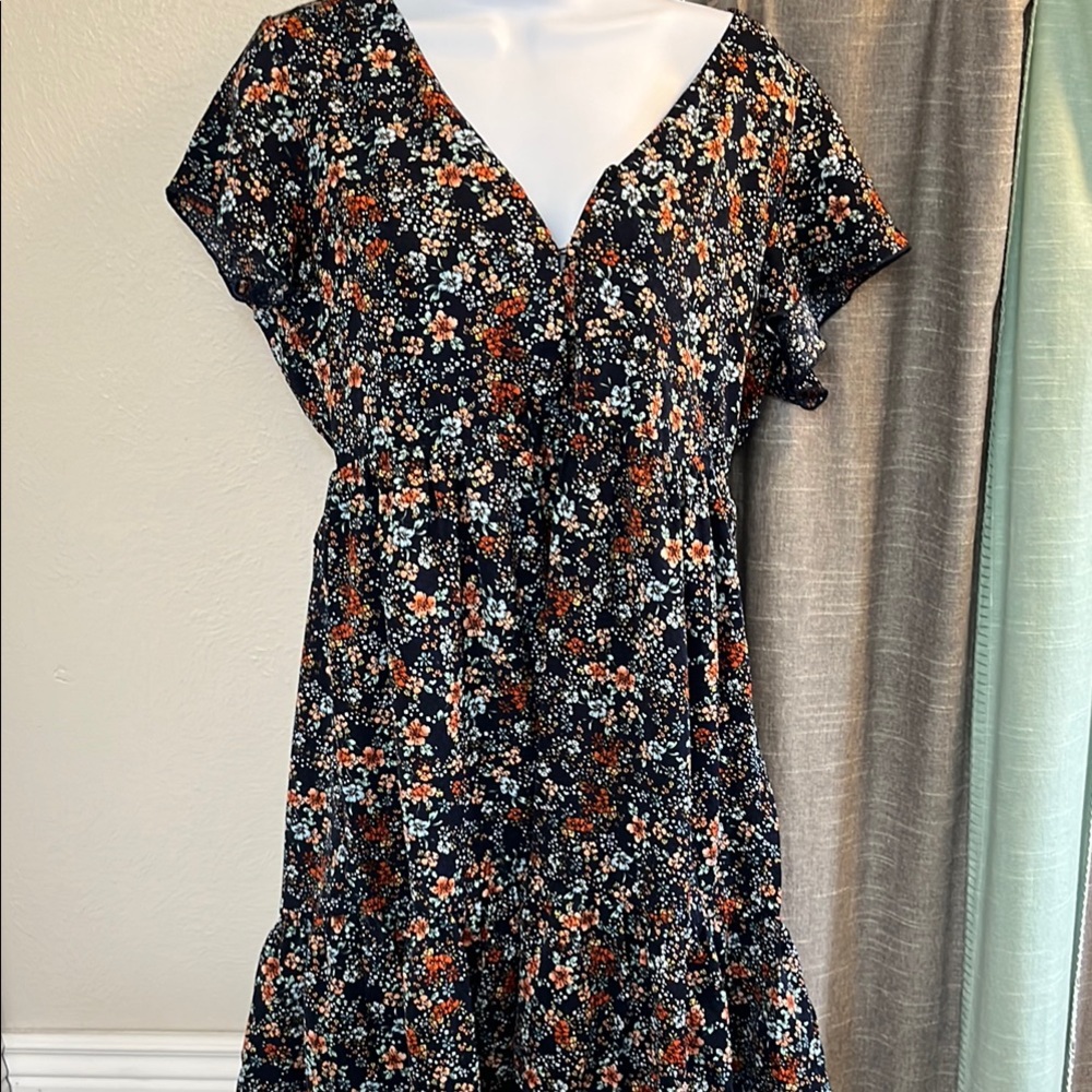 Orange and Blue Ruffled Sheath Midi Dress with Dolman Sleeves - Picture 2 of 3